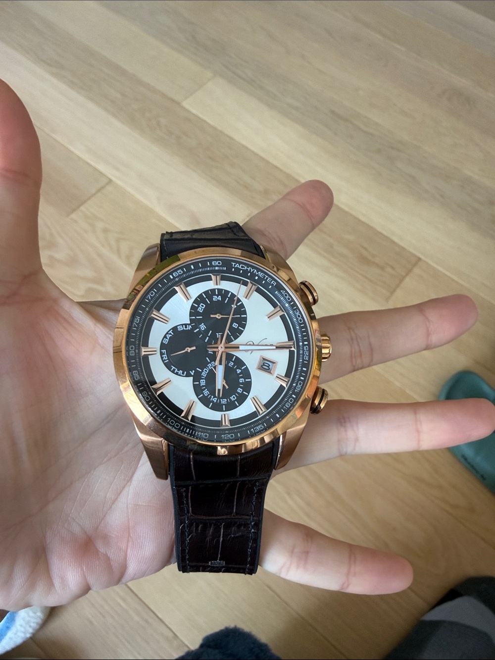 Voltaire Men’s Rose Gold Chronograph Wristwatch with Brown Leather Strap